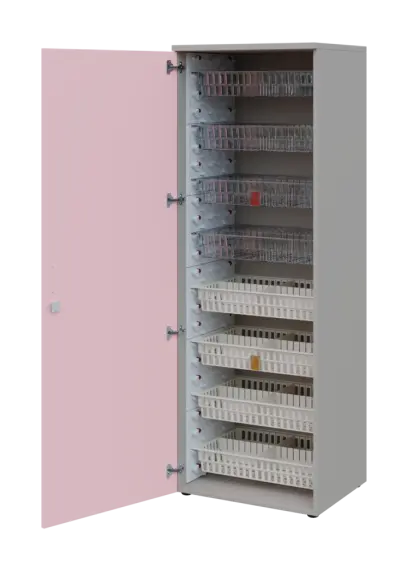 EUROMEDICA D - 66/M skříň léková boxová, 1-dveřová, levá, 1950x660x535, korpus šedý, dvířka pastelově růžová